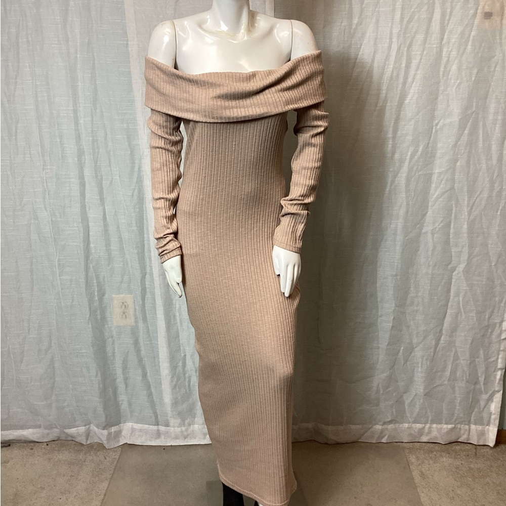 {1} NWT House of CB Rib-Knit Beige Maxi Dress; Size: L
